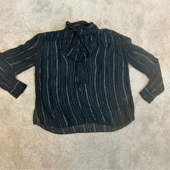 Zara ZW Collection black silver metallic thread chiffon blouse neck tie Sz M NWT - Picture 7 of 14